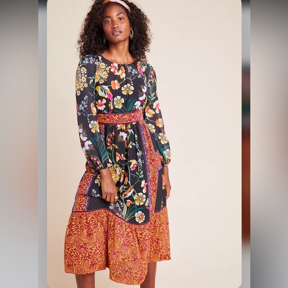 Anthropologie Dresses & Skirts - Anthropologie Floral Patchwork Velvet Trim Midi Dress Size 16 Boho Modest